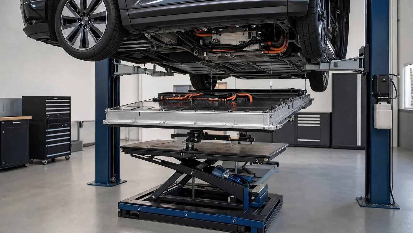 Hochvolt-Akku wird in einer Werkstatt unter einem Elektroauto auf der Hebebühne abgesenkt