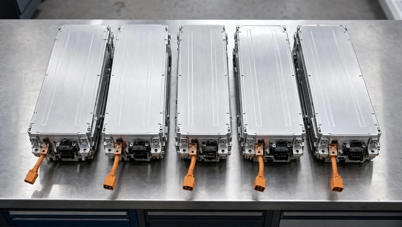 Mehrere Batteriemodule eines Elektroautos nebeneinander auf einer Werkbank