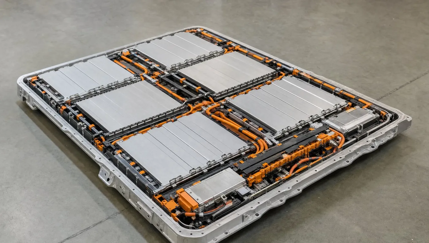 Ausgebautes Hochvolt-Batteriepaket eines Elektroautos mit sichtbaren Modulen und orangefarbenen Leitungen