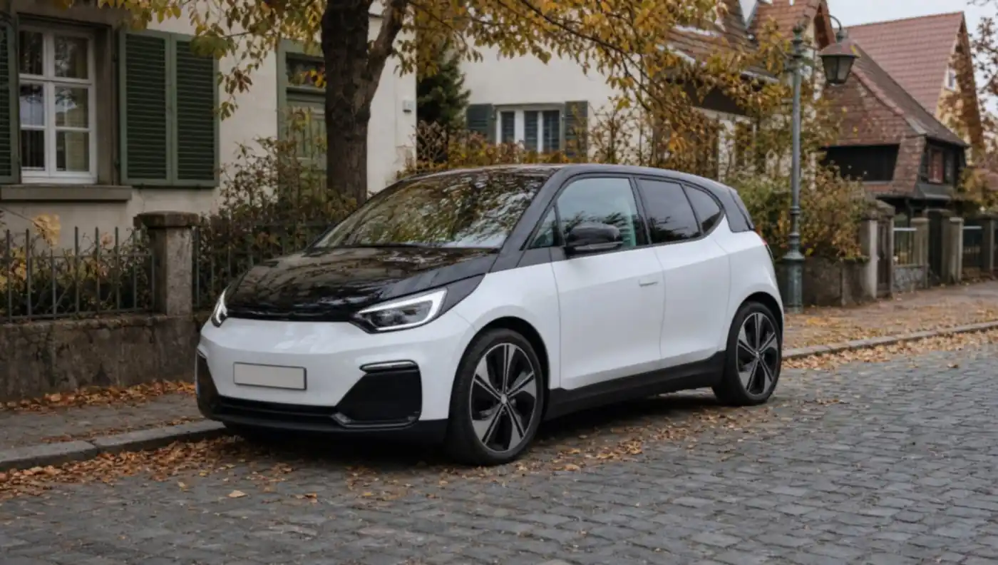 Kleines, hohes Elektroauto mit schwarzer Motorhaube am Straßenrand in einer Wohnstraße