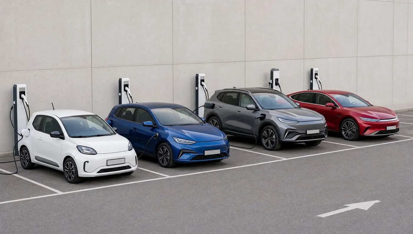 Vier verschiedene Elektroautos nebeneinander an Ladesäulen