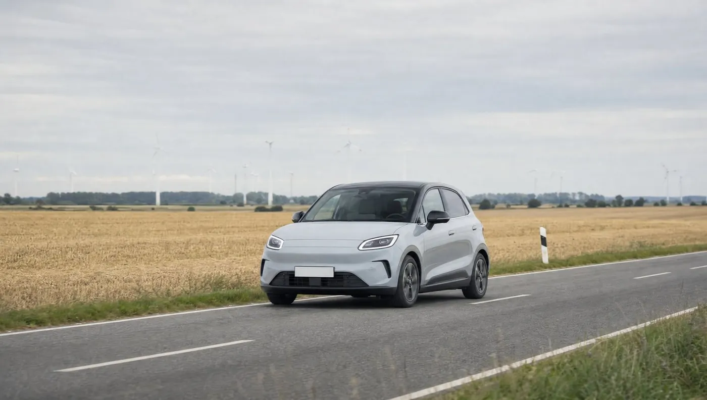 Elektroauto auf einer Landstraße zwischen Feldern, im Hintergrund Windräder