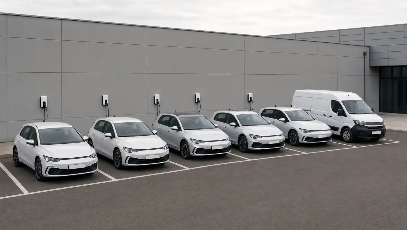 Fünf weiße Elektroautos und ein Transporter nebeneinander auf einem Firmenparkplatz mit Wandladestationen