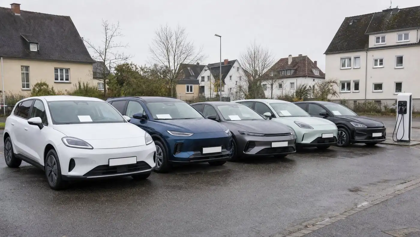 Mehrere gebrauchte Elektroautos nebeneinander auf einem kleinen Gebrauchtwagenhof