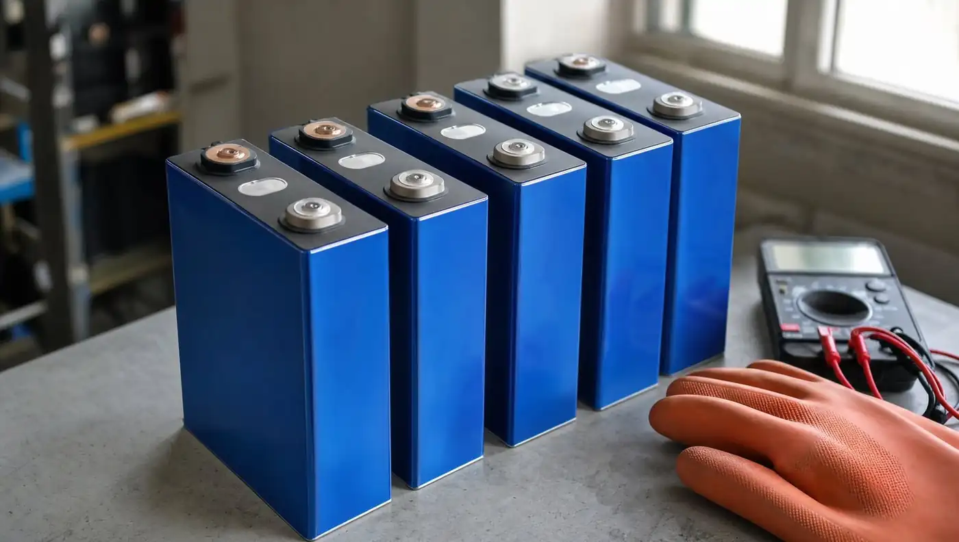 Mehrere flache, rechteckige Batteriezellen nebeneinander auf einer Werkbank, daneben ein Messgerät