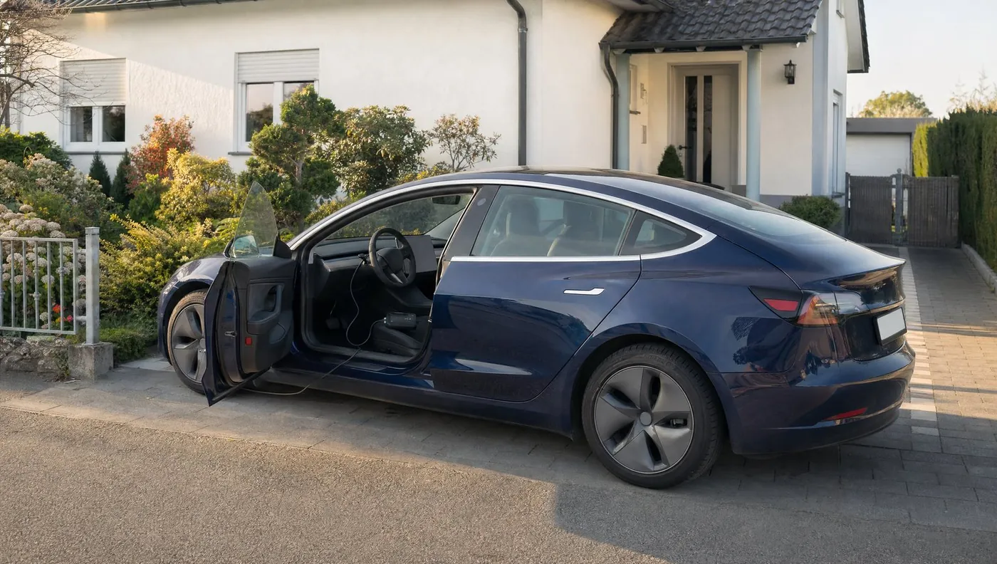 Elektroauto in der Einfahrt eines Wohnhauses mit geöffneter Fahrertür und Messkabel