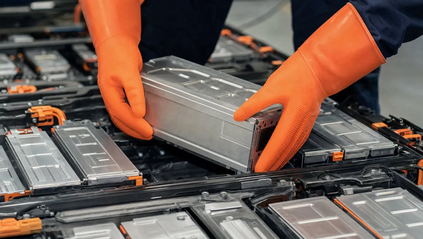 Hände in isolierenden Hochvolt-Schutzhandschuhen heben ein einzelnes Batteriemodul aus einem geöffneten Akku
