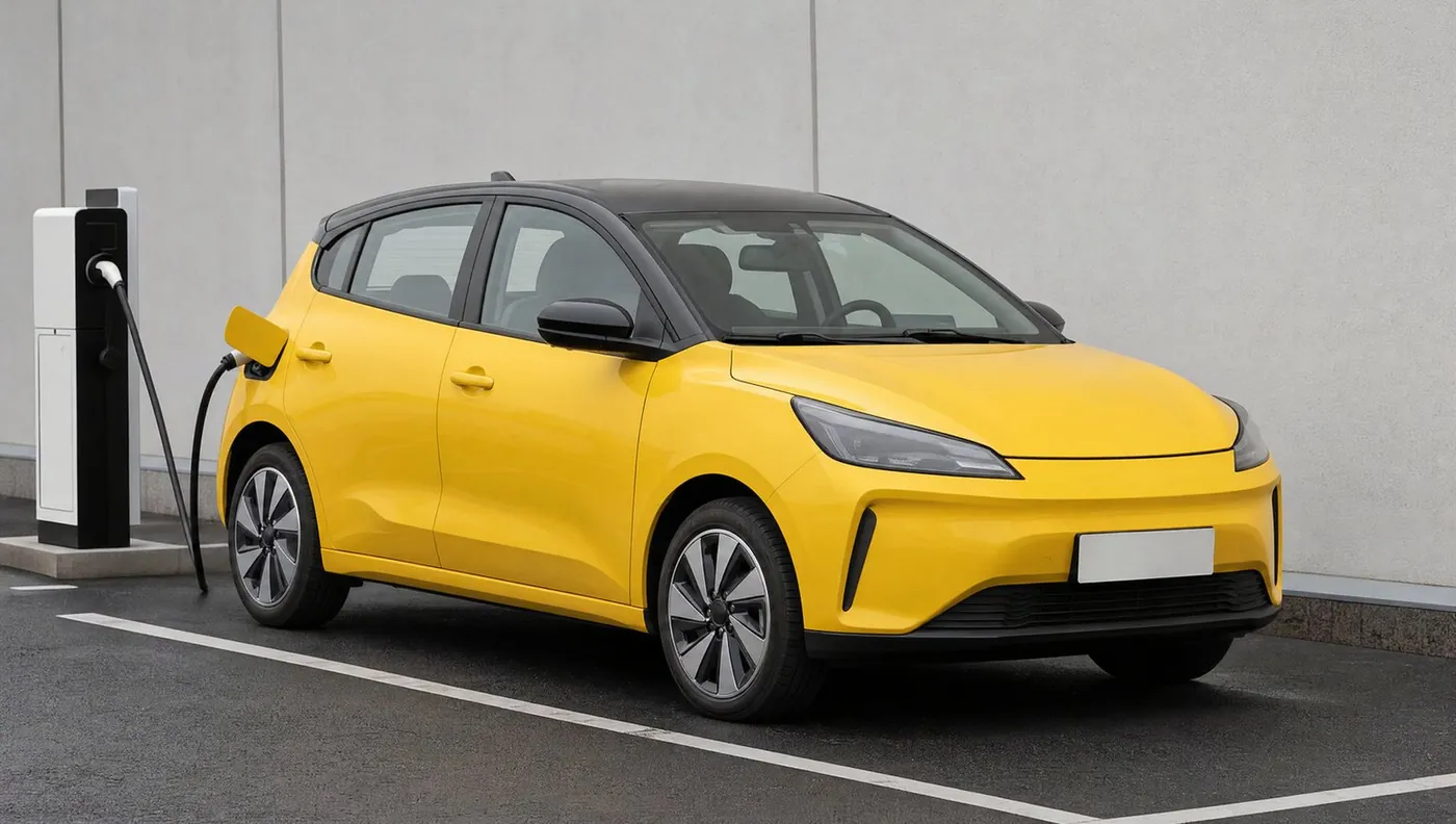 Gelber elektrischer Kleinwagen mit schwarzem Dach lädt an einer Ladesäule