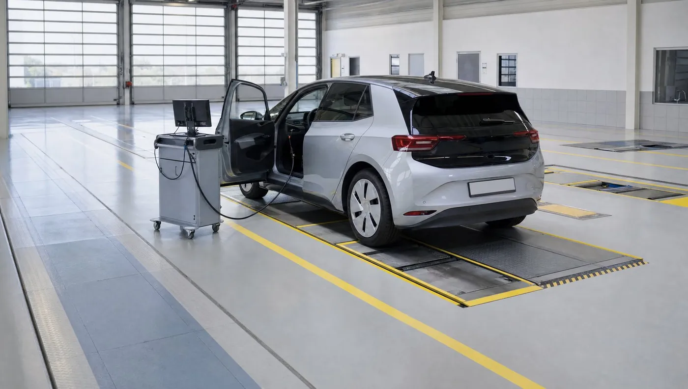 Elektroauto auf einer Prüfspur in einer Prüfhalle, daneben ein Diagnosewagen