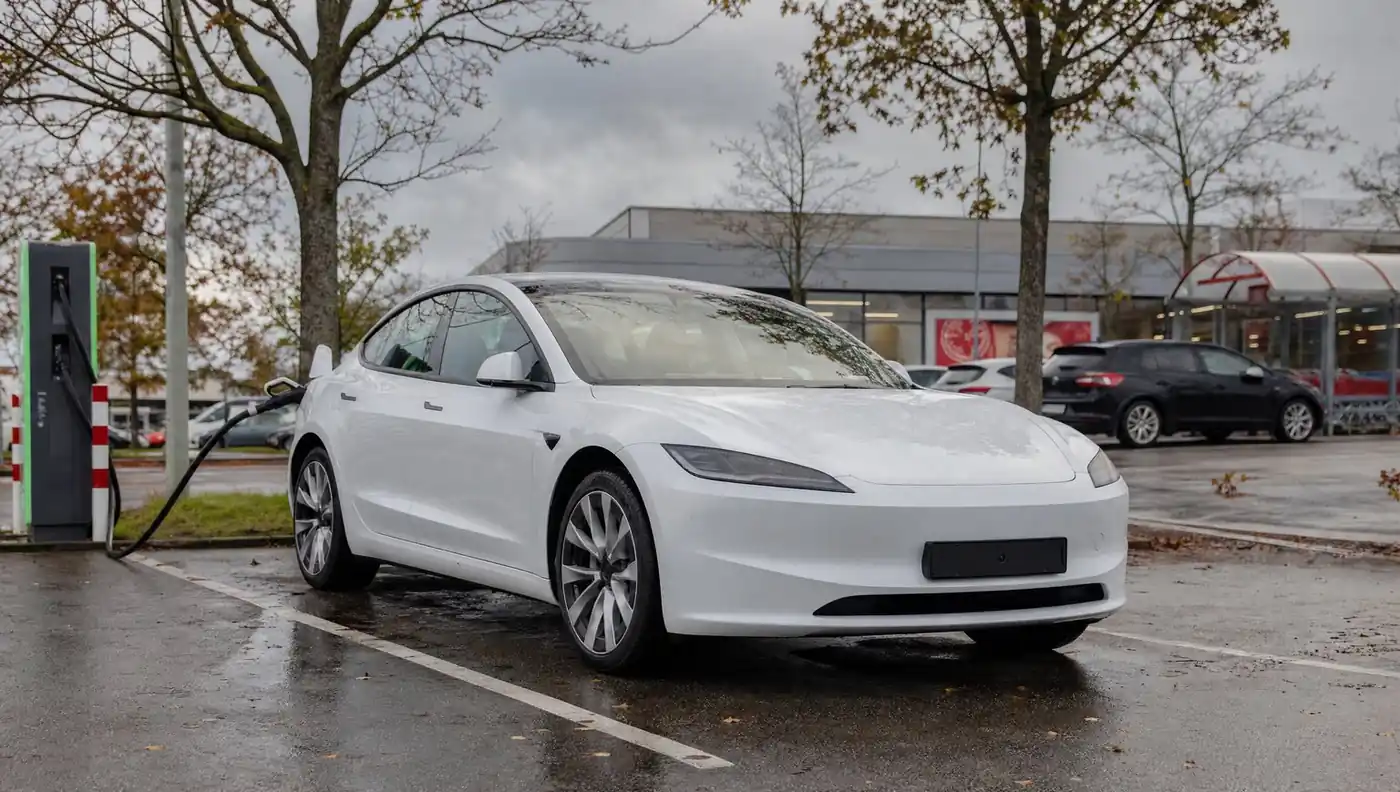 Weiße Elektro-Limousine lädt an einem Schnelllader auf einem Parkplatz