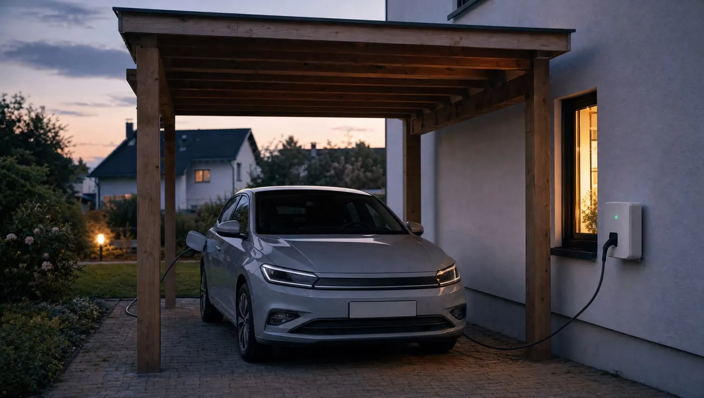 Elektroauto lädt abends an einer Wallbox im Carport